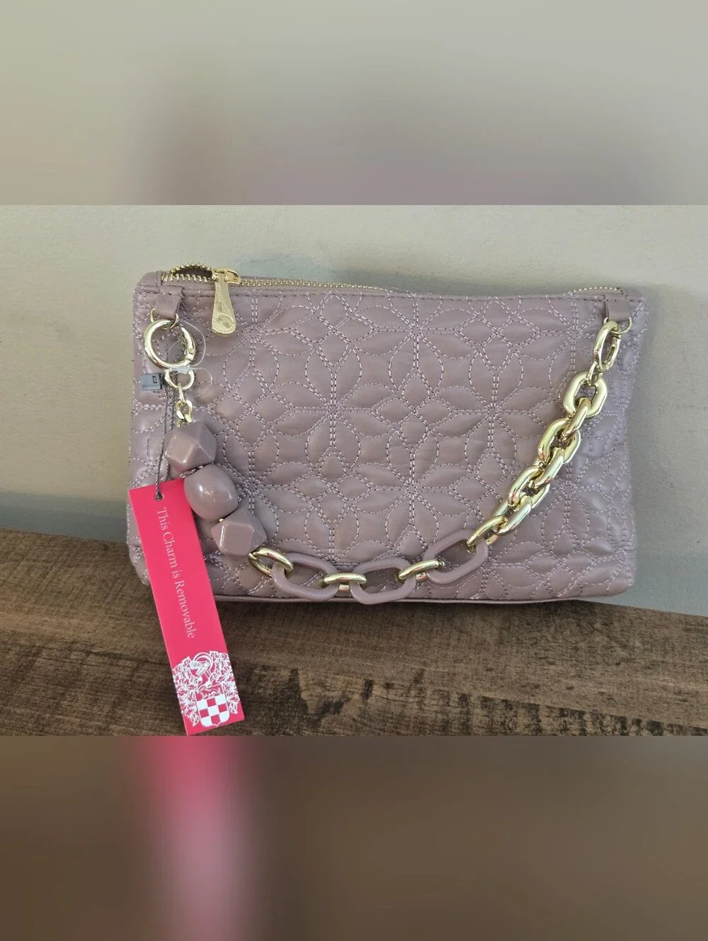 Vince Camuto Cosmetic Bag Quilted Gold Chain Charm Strap Pouch NWT